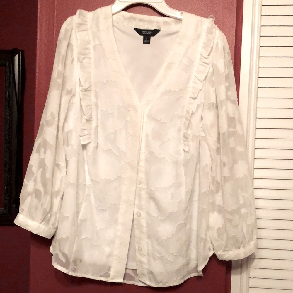 Simply Vera Verawang White Lace V Neck Long Sleeves blouse size S